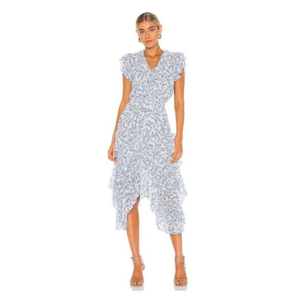 Misa Dakota Floral Midi Dress in Blue Petals